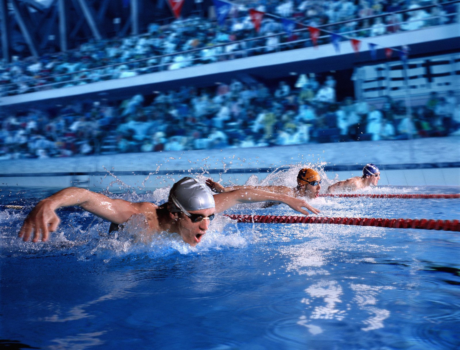 Three competitive swimmers racing in a pool
